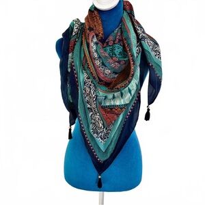 Lucky Brand 100% Silk Mandala Anthro Boho Retro Indie Hippie Scarf Wrap Tassels